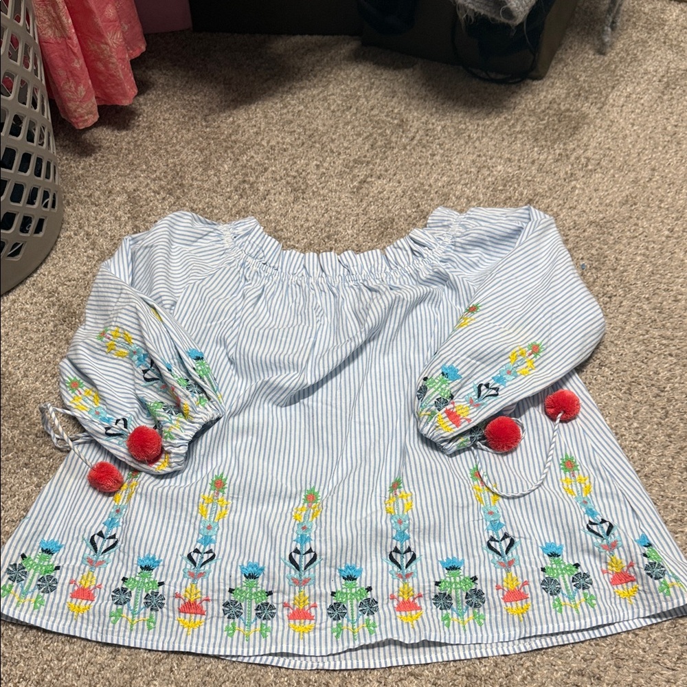 Blue Striped Embroidered Off-Shoulder Top with Pom Pom Ties